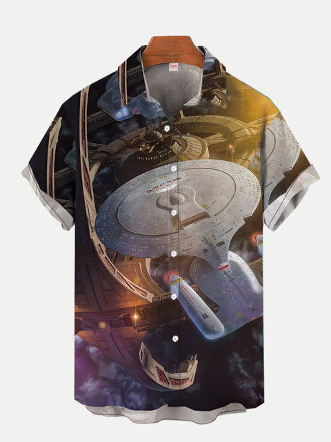 Hawaiian Sci-Fi Space Station And Spaceship Printing Short Sleeve Shirt