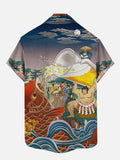Ukiyo-e Japanese Style Vintage Asahi Beer Art Painting Printing Short Sleeve Shirt