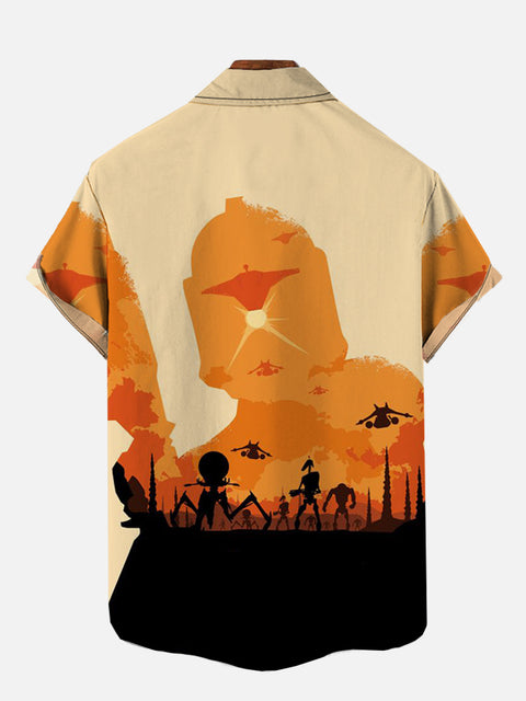 Orange Future Samurai Silhouette Black Technology Weapon Printing Short Sleeve Shirt
