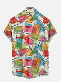 Abstract Cartoon Colorful Hand Drawn Martini Cups And Glasses Printing Breast Pocket Short Sleeve Shirt