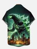 Ukiyo-E Monster Art Green Lightning Godzilla And The City On Fire Printing Short Sleeve Shirt