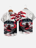 Ukiyo-e Japanese Style Ink Painting Mount Fuji And Ancient Building Pavilion Printing Short Sleeve Shirt