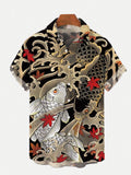 Ukiyo-e Black And White Koi WiIth Auspicious Clouds And Maple Leaves Printing Short Sleeve Shirt