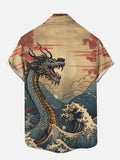 Ancient Painting Ukiyo-E Wind Turbulent Sea Waves Domineering Dragon Printing Short Sleeve Shirt