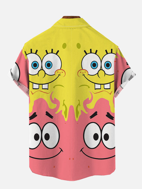 Yellow And Pink Spliced Cute Cartoon Character Doodles Printing Cartoon Costume Short Sleeve Shirt