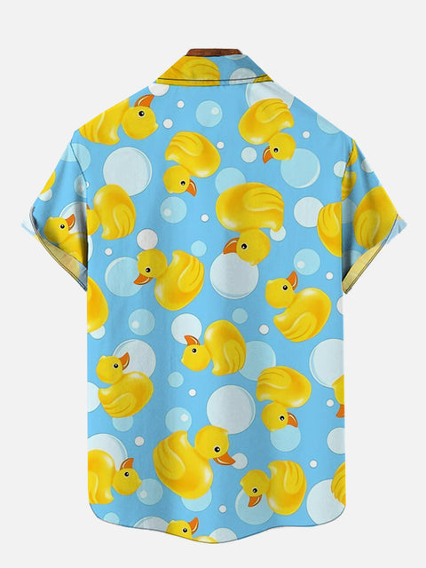 Yellow Duck And Blue Bubble Printing Breast Pocket Short Sleeve Shirt