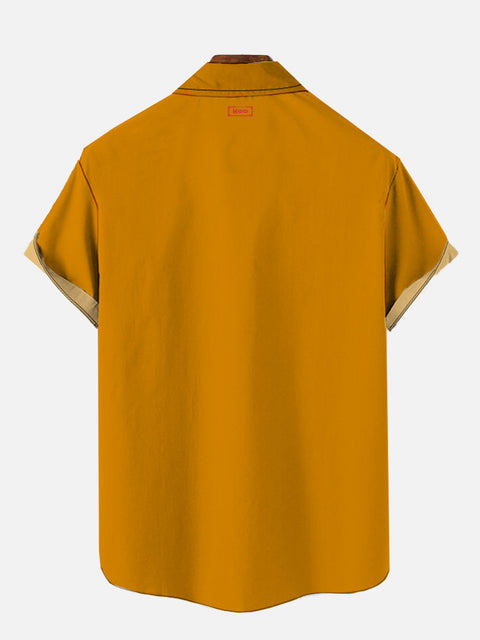 Retro Orange And White Striped Space Star Logo Printing Breast Pocket Short Sleeve Shirt
