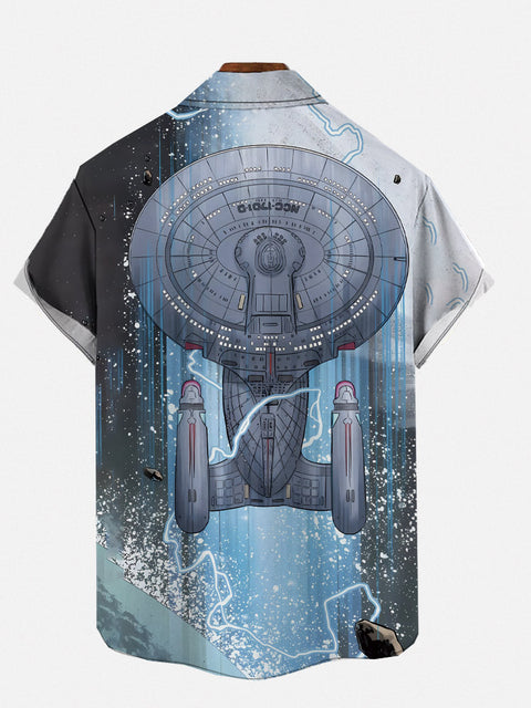 Sci-Fi Interstellar Travel Fleet Lightning Spaceship Printing Short Sleeve Shirt