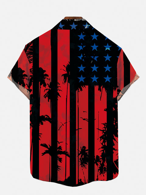 Vintage Hawaiian Coconut Tree Silhouettes And American Flag Printing Short Sleeve Shirt