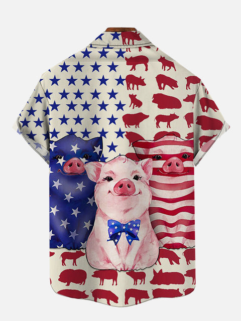 Casual Button Down Funny Pig And American Flag Printing Short Sleeve Shirt