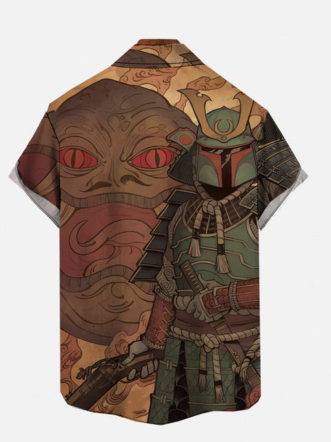 Ukiyo-e Japanese Style Big Mouth Monster And Space Armed Samurai Printing Short Sleeve Shirt