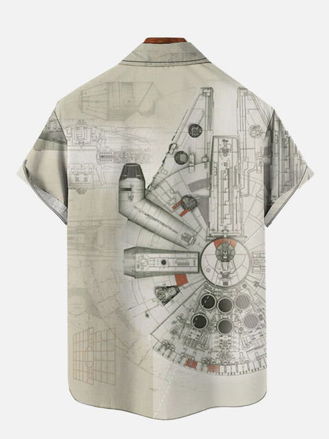 High-Tech Spaceship Line Design Drawings Printing Breast Pocket Short Sleeve Shirt