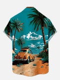 Vintage Artwork Hawaii Beach And Palm Trees Retro Bus Printing Short Sleeve Shirt