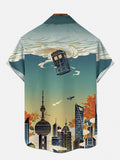 Mysterious Oriental City Scene Painting Cloud Pile And Time Travel Box Printing Short Sleeve Shirt