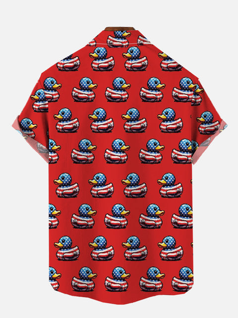 Red Stars And Stripes Rubber Duck Pattern Printing Breast Pocket Short Sleeve Shirt