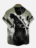 Ukiyo-E Monster Art Black And Green Contrast Lightning And Monster Godzilla Printing Breast Pocket Short Sleeve Shirt