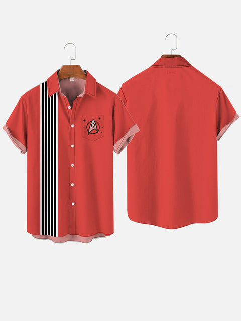 Retro Red And White Striped Space Star Logo Printing Breast Pocket Short Sleeve Shirt