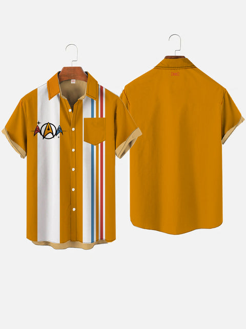 Retro Orange And White Striped Space Star Logo Printing Breast Pocket Short Sleeve Shirt