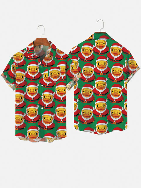 Green Christmas Santa Claus Rubber Ducks Printing Short Sleeve Shirt
