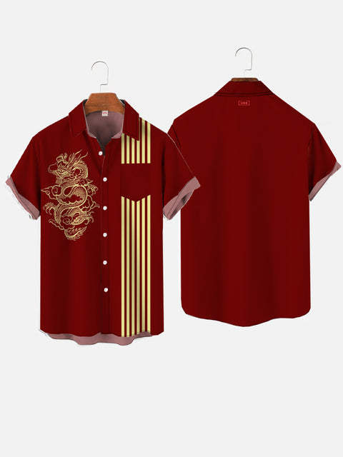 Retro 50s Red And Yellow Stitching Stripes And Dragon Totem Printing Breast Pocket Short Sleeve Shirt