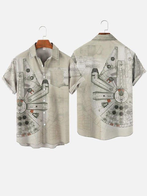 High-Tech Spaceship Line Design Drawings Printing Breast Pocket Short Sleeve Shirt