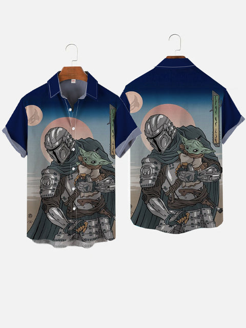 Ukiyo-E Art Japanese Style Metal Armor Samurai Printing Short Sleeve Shirt