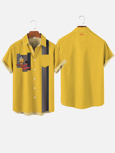 Retro Yellow And Multicolor Stripes And Duck Pattern Cartoon Costume Breast Pocket Short Sleeve Shirt