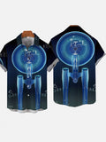 Retro Gradient Blue Poster Science Fiction Spaceship Printing Short Sleeve Shirt