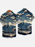 Ukiyo-e Japanese Style Mount Fuji And Blue Sky Printing Breast Pocket Short Sleeve Shirt