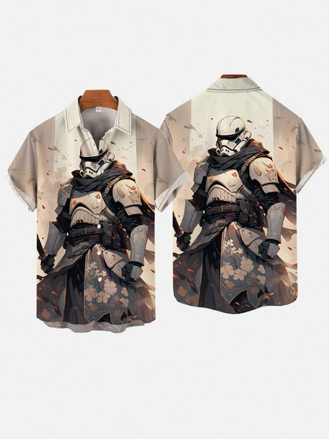 Ukiyo-E Art Japanese Style Flying Petals And Space Samurai Printing Short Sleeve Shirt