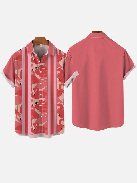 Vintage Red And Pink Flamingo Hawaiian Style Striped Short Sleeve Shirt