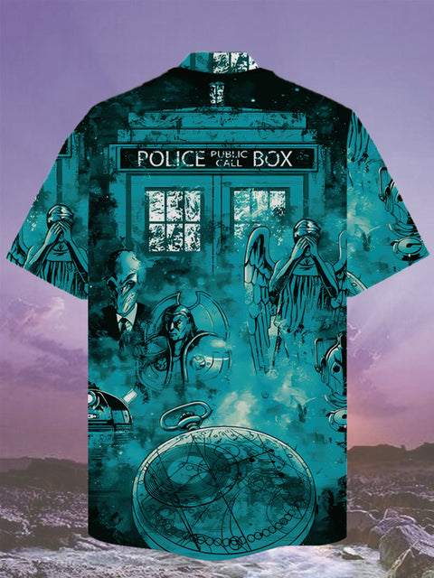 Eye-Catching Sci-Fi Mr. Mysterious Watch Devil and Angel Doctor Time Travel Box Printing Cuban Collar Hawaiian Short Sleeve Shirt