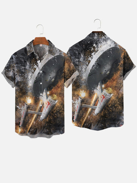 Retro Paint Splatter Style Sci-Fi Space Starship Printing Short Sleeve Shirt