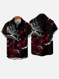 Mysterious Oriental Red And Black Dragon Totem And Flowers Printing Breast Pocket Short Sleeve Shirt