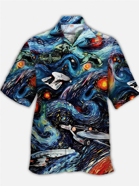 Eye-Catching Galaxy Starry Sky Oil Painting And Space Ship Printing Cuban Collar Hawaiian Short Sleeve Shirt