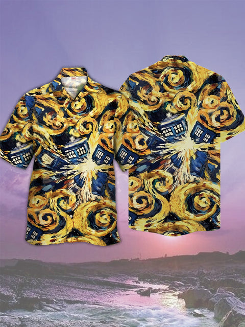 Eye-Catching Abstract Starry Night Golden Swirls And Time Travel Boxes Printing Cuban Collar Hawaiian Short Sleeve Shirt