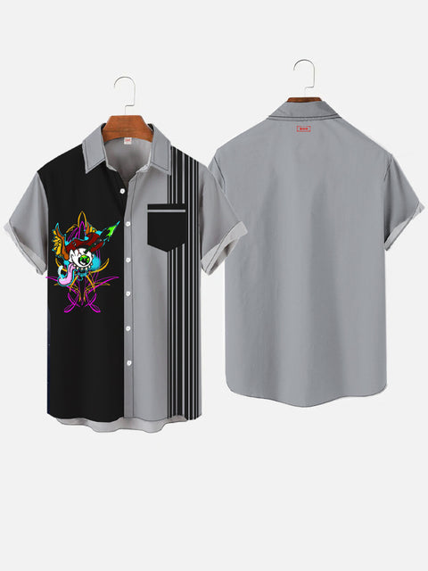Retro Gray And Black Stitching Stripes And Abstract Art Pattern Printing Breast Pocket Short Sleeve Shirt