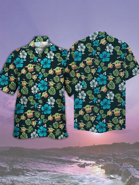 Eye-Catching Green Big Ears Dwarf And Floral Printing Cuban Collar Hawaiian Short Sleeve Shirt