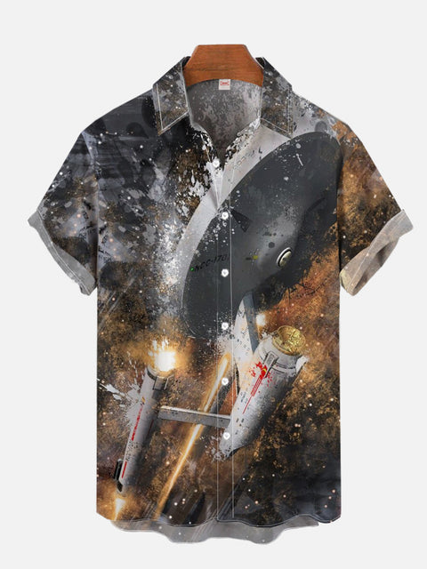 Retro Paint Splatter Style Sci-Fi Space Starship Printing Short Sleeve Shirt