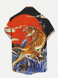 Ukiyo-e Roaring Tiger Surfing Waves Red Sun And Auspicious Clouds Printing Short Sleeve Shirt