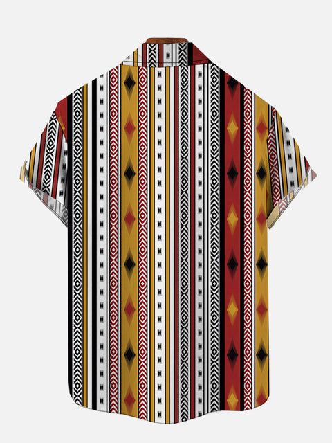 Optical Illusion Tribal Style Stripes Printing Breast Pocket Short Sleeve Shirt