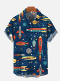 Cartoon Space Futuristic Spaceship And Rockets Printing Short Sleeve Shirt