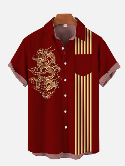 Retro 50s Red And Yellow Stitching Stripes And Dragon Totem Printing Breast Pocket Short Sleeve Shirt