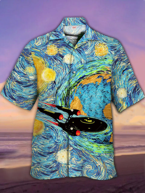 Eye-Catching Oil Painting Starry Night Milky Way And Spaceship Printing Cuban Collar Hawaiian Short Sleeve Shirt