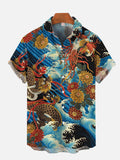 Fashion Vintage Ukiyo-e Dragon And Phoenix Dance In The Waves Printing Short Sleeve Shirt