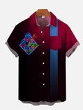 Retro Red Black Gradient And Blue Striped Neon Space War Samurai Printing Breast Pocket Short Sleeve Shirt