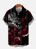 Mysterious Oriental Red And Black Dragon Totem And Flowers Printing Breast Pocket Short Sleeve Shirt