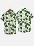 Vintage 60s St. Patrick's Day British Style Lucky Clovers Printing Breast Pocket Short Sleeve Shirt