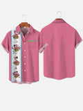 Vintage Pink And White Stripe Stitching Exotic Dancing Flamingo Printing Breast Pocket Short Sleeve Shirt