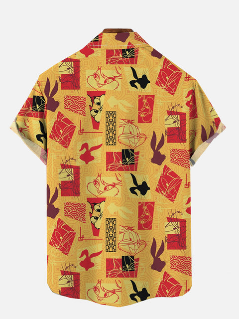 Casual Retro Cartoon Rabbits Vacation Loose Hawaiian Printing Breast Pocket Short Sleeve Shirt